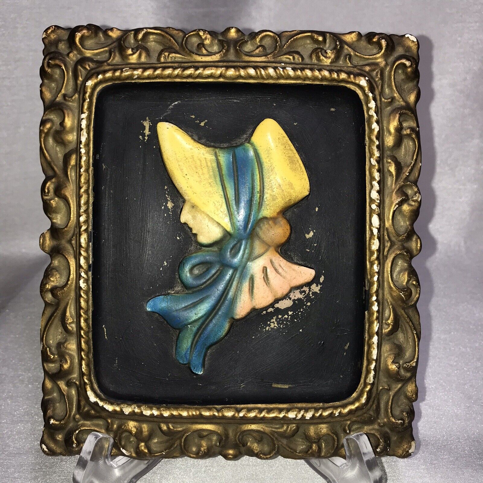 Vintage Chalkware Silhouette Plaques 1800s Man Woman Wall Art