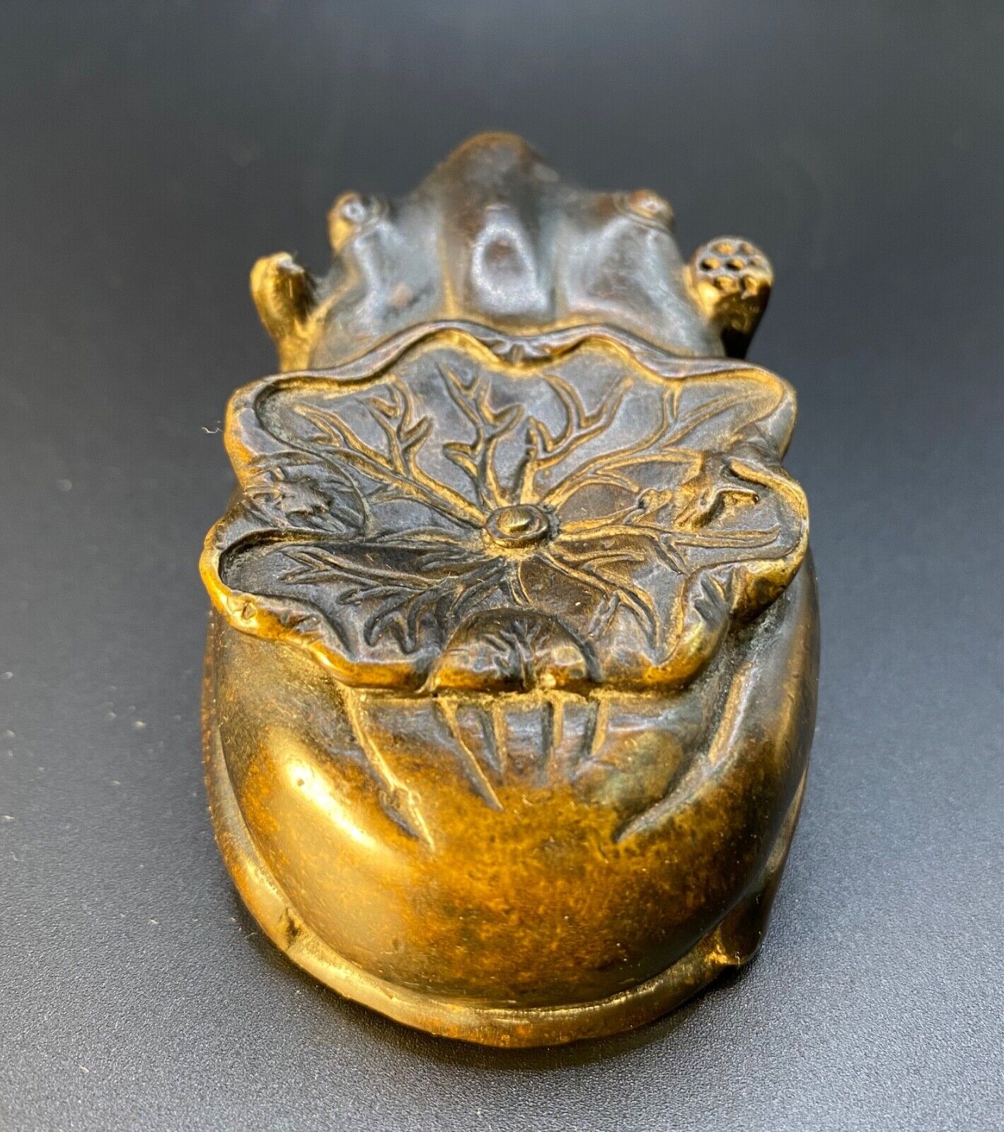 Antique Bronze Frog Lotus Paperweight - Stunning Artwork