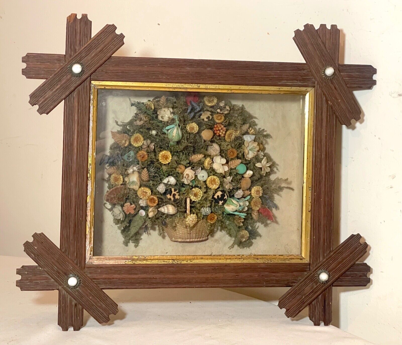 Rare Victorian folk art memorial shell bouquet sculpture