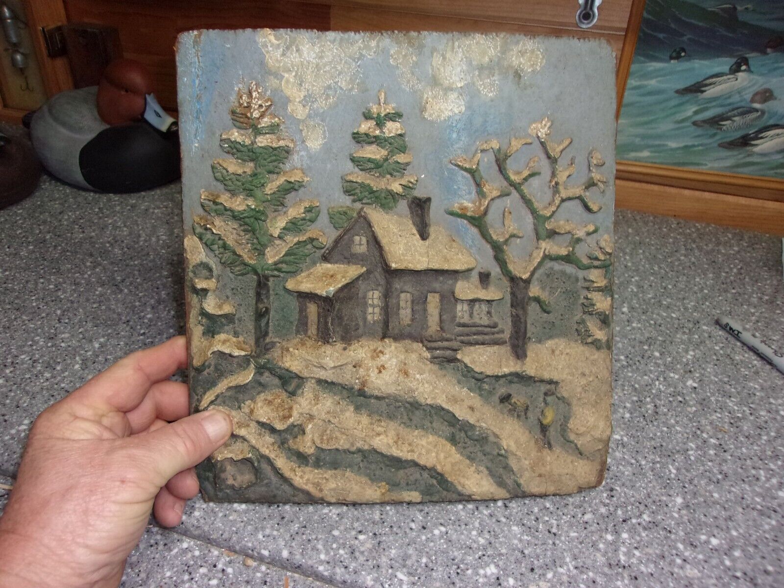 1800's Folk Art Sculptured Wooden Board - House & Trees