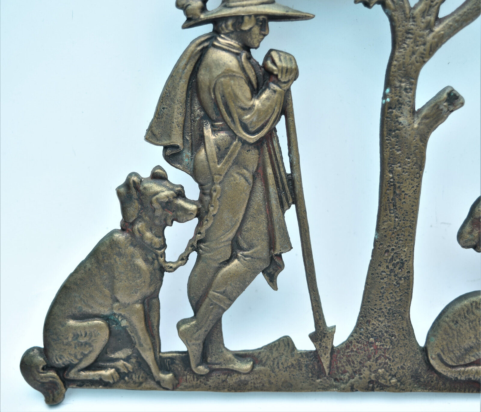 1800's Bronze Relief Sculpture: Man, Dog, Tree, Shepherd
