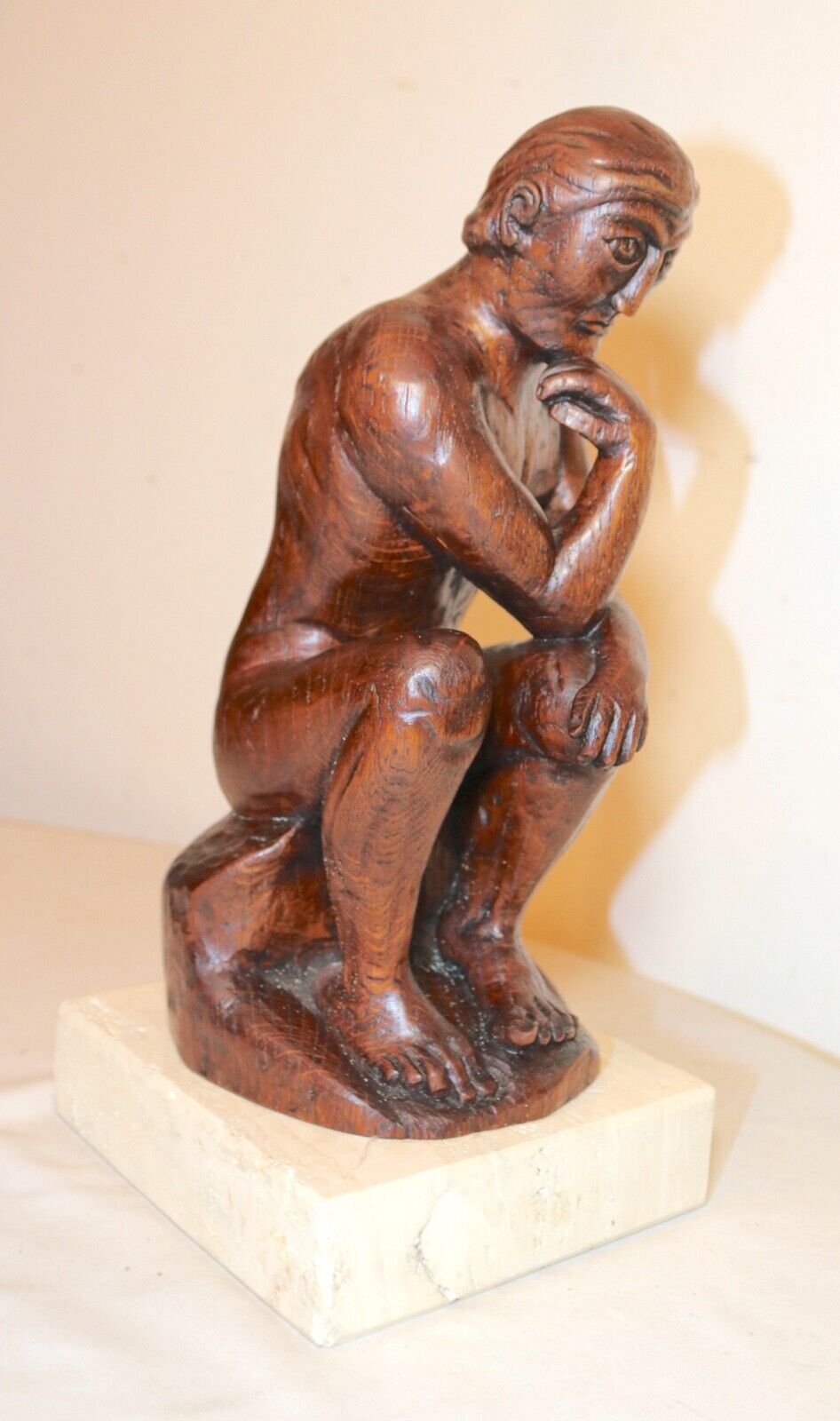 1800's Folk Art hand carved wood thinking man statue