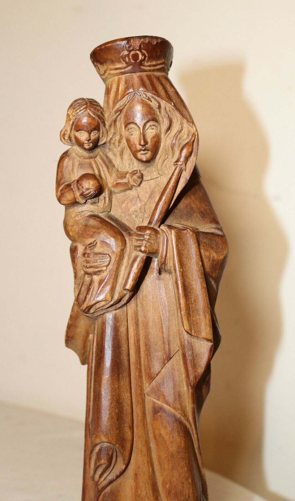 1800's hand carved wood religious Madonna Jesus sculpture