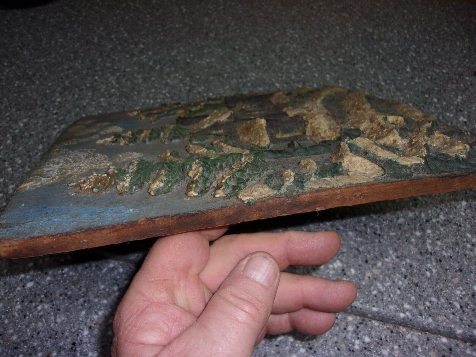 1800's Folk Art Sculptured Wooden Board - House & Trees