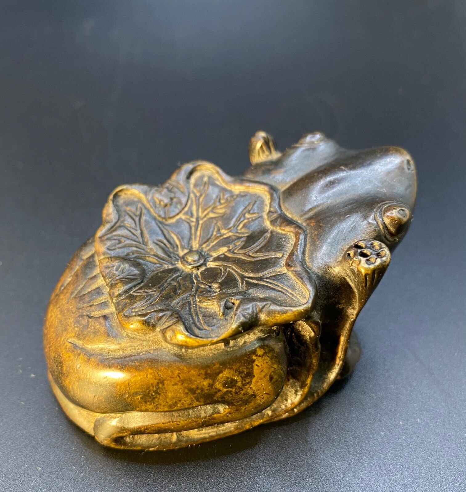 Antique Bronze Frog Lotus Paperweight - Stunning Artwork