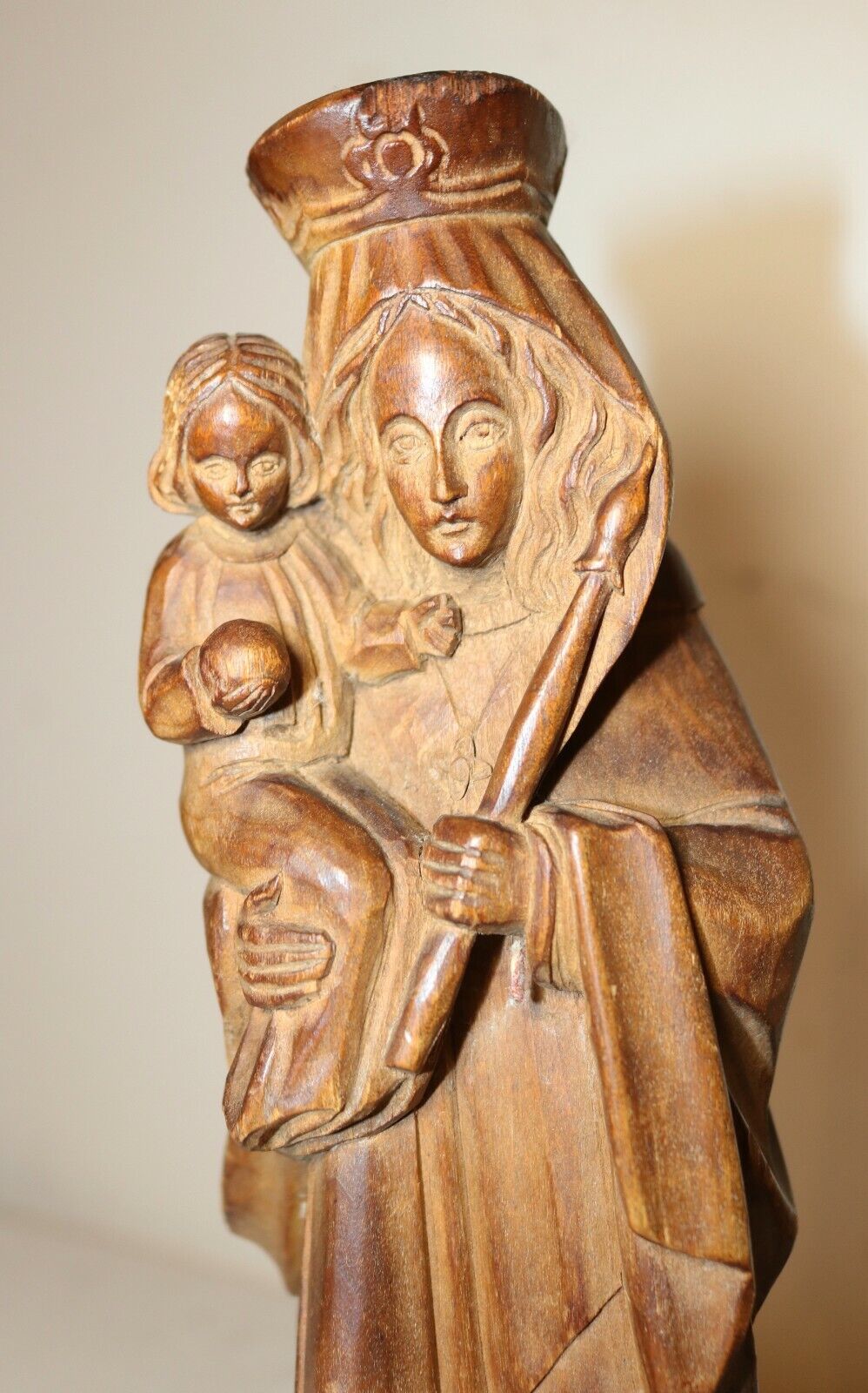1800's hand carved wood religious Madonna Jesus sculpture