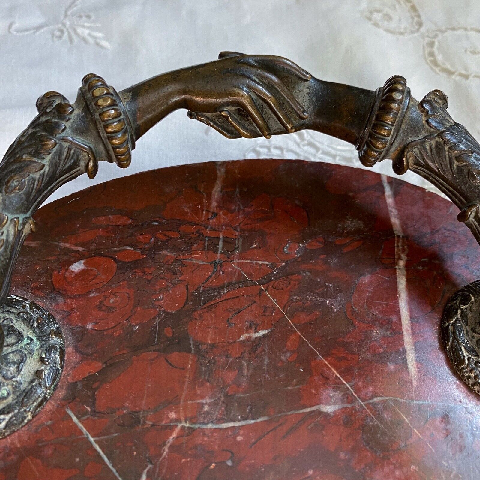 Bronze Hands Sculpture on Red Marble Base