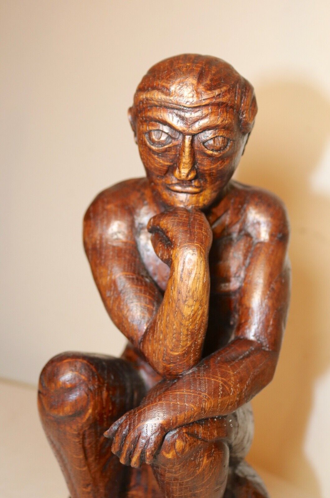 1800's Folk Art hand carved wood thinking man statue