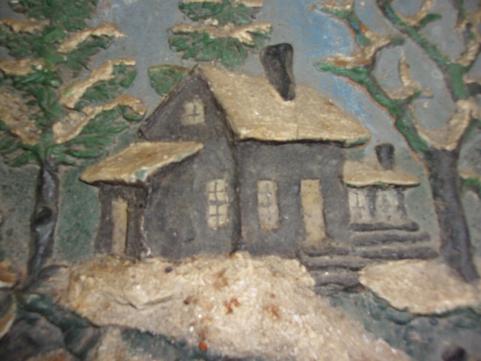 1800's Folk Art Sculptured Wooden Board - House & Trees