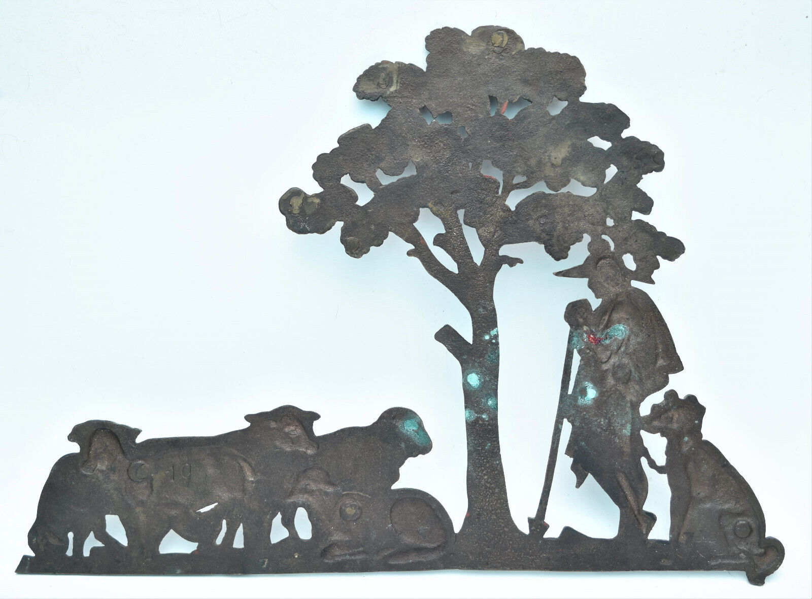 1800's Bronze Relief Sculpture: Man, Dog, Tree, Shepherd