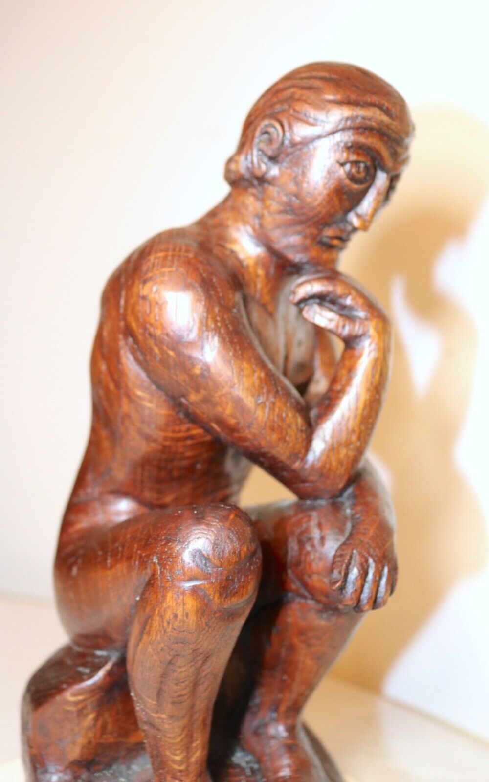1800's Folk Art hand carved wood thinking man statue