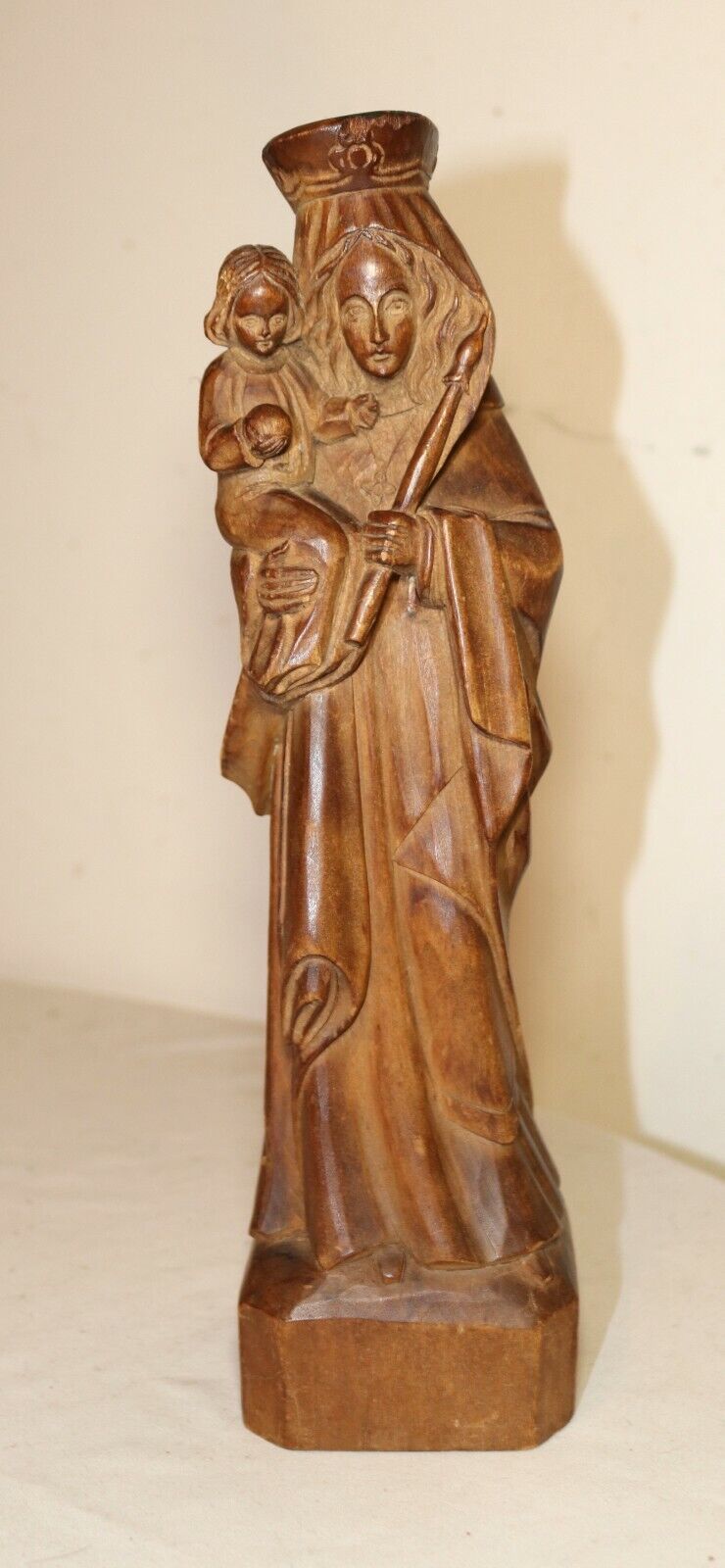 1800's hand carved wood religious Madonna Jesus sculpture