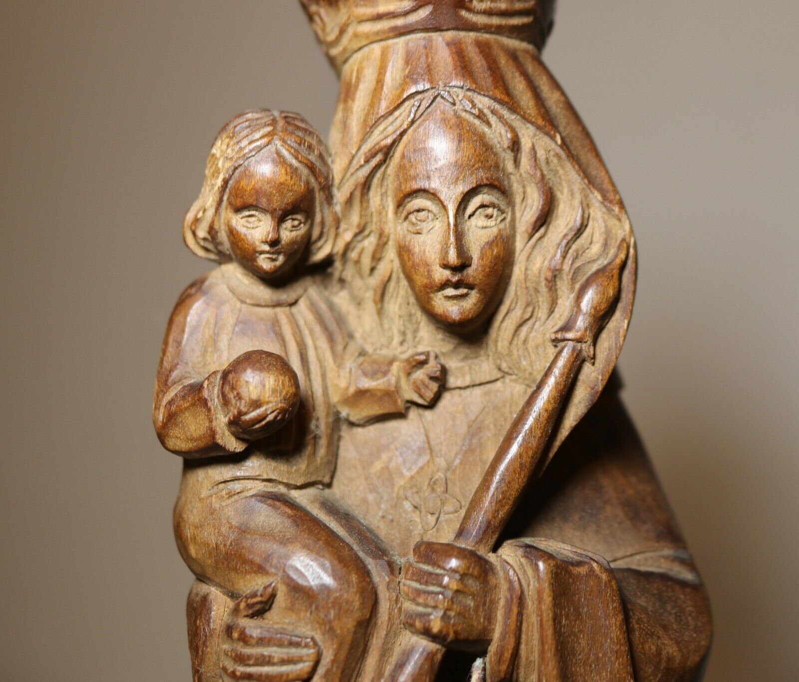 1800's hand carved wood religious Madonna Jesus sculpture
