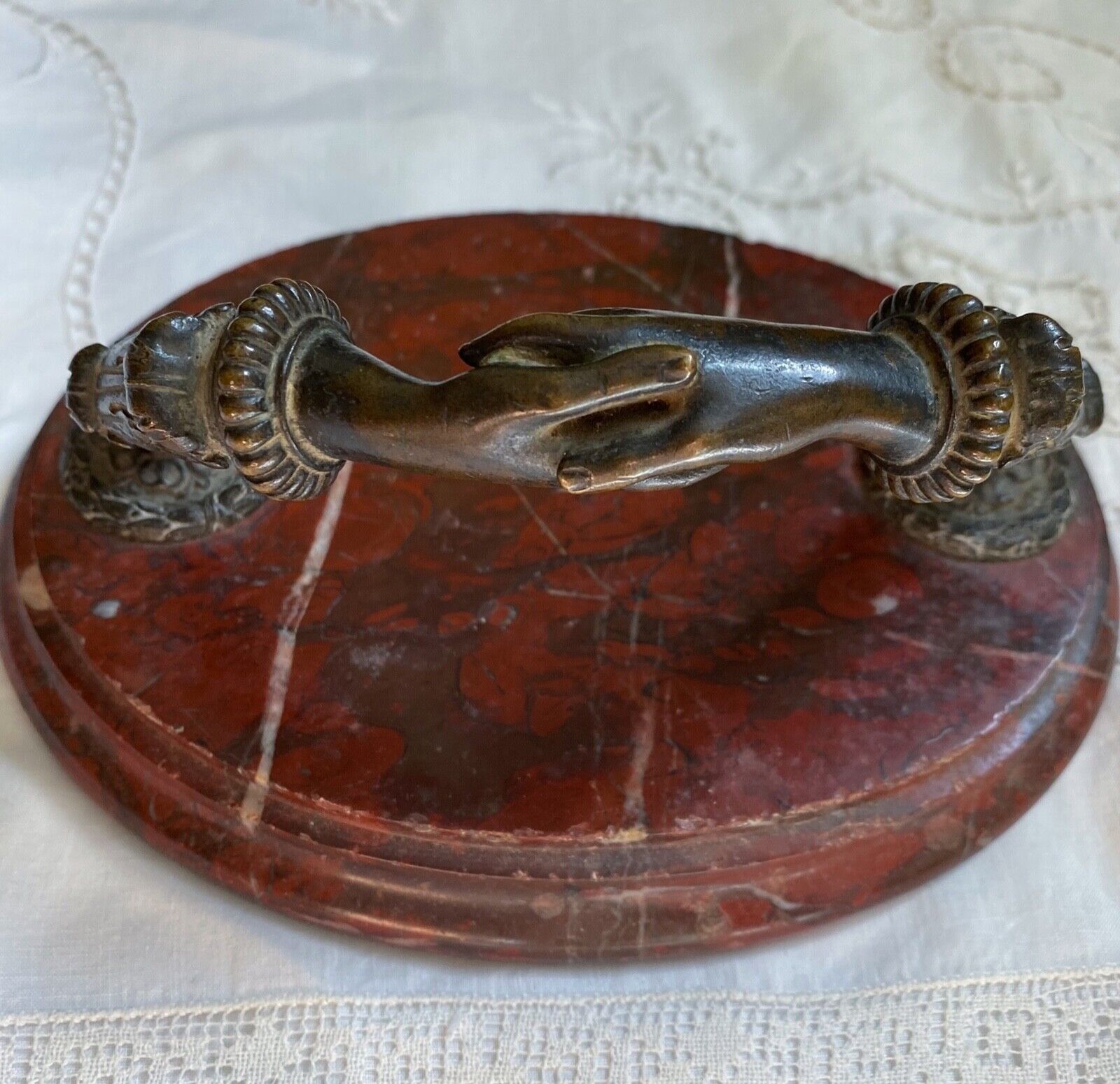Bronze Hands Sculpture on Red Marble Base