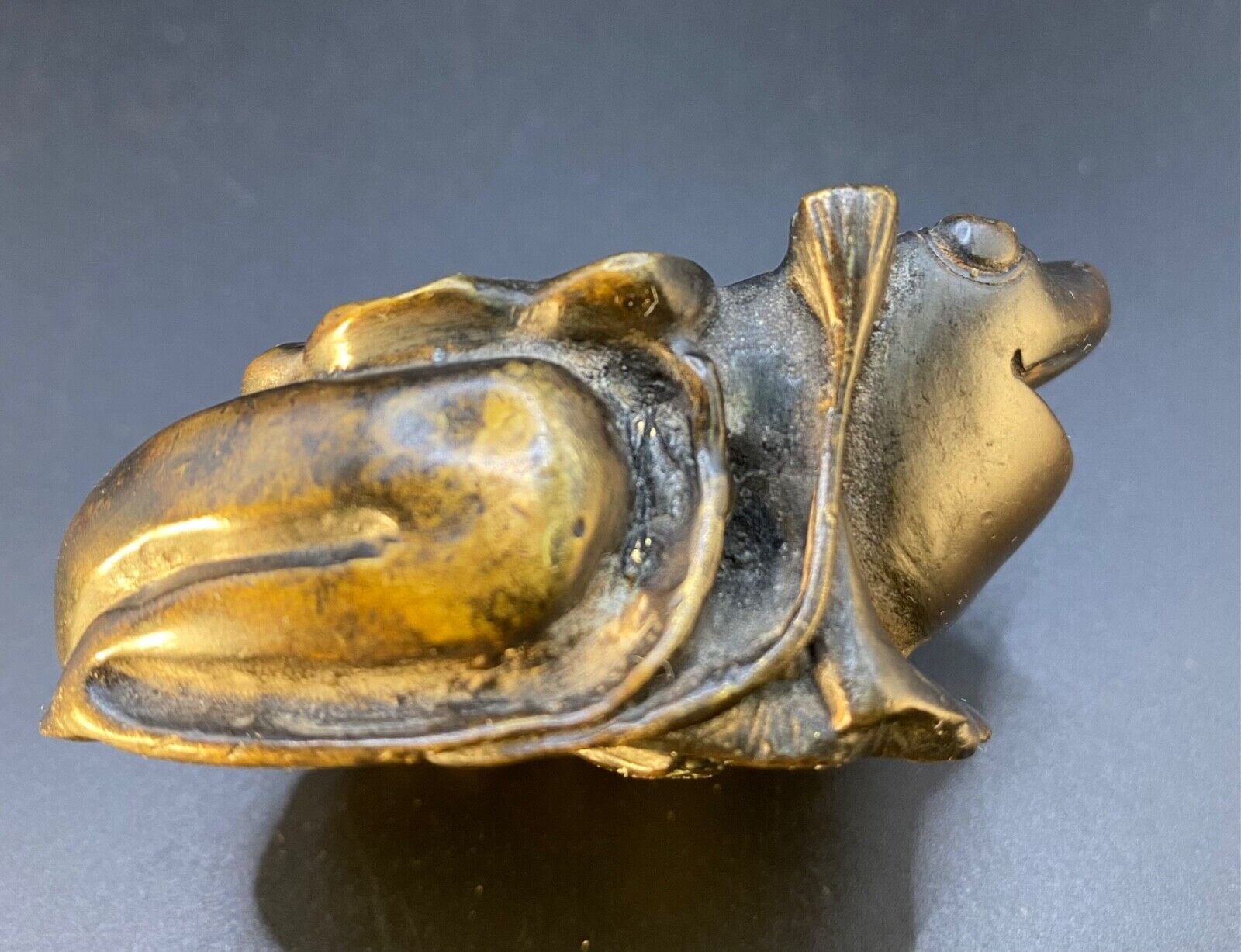 Antique Bronze Frog Lotus Paperweight - Stunning Artwork