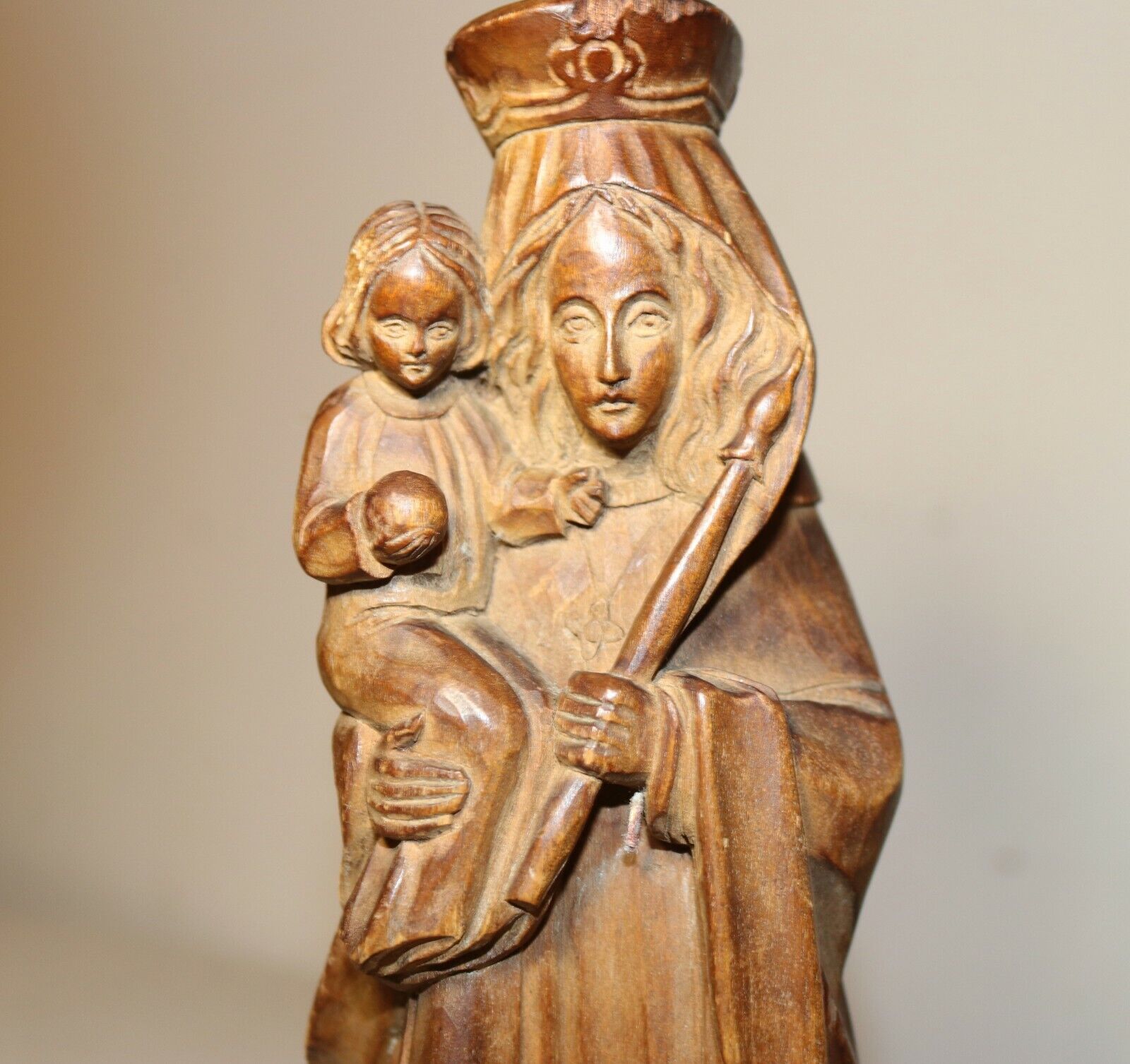 1800's hand carved wood religious Madonna Jesus sculpture