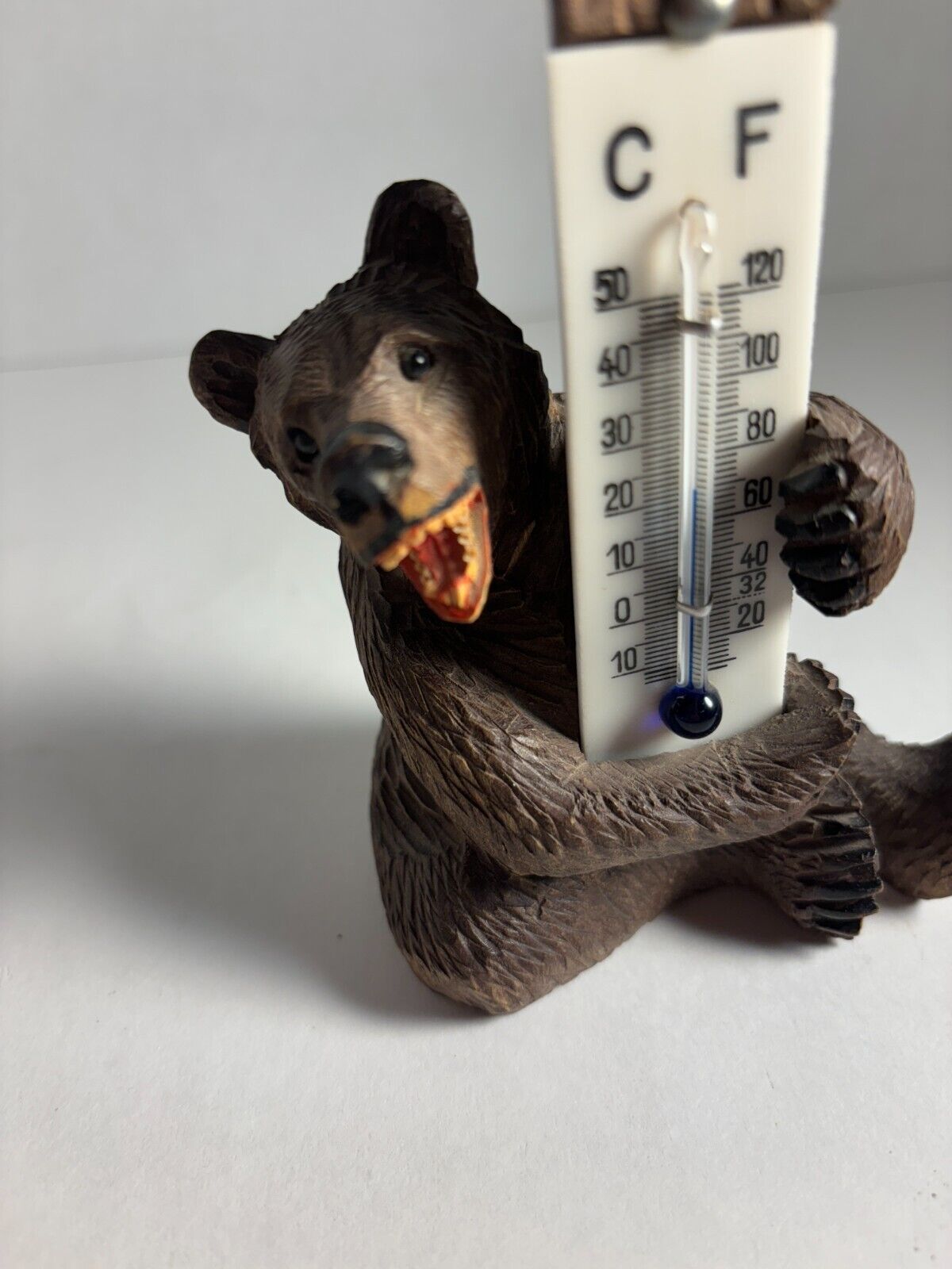 Swiss Black Forest Carved Bear Thermometer, Glass Eyes