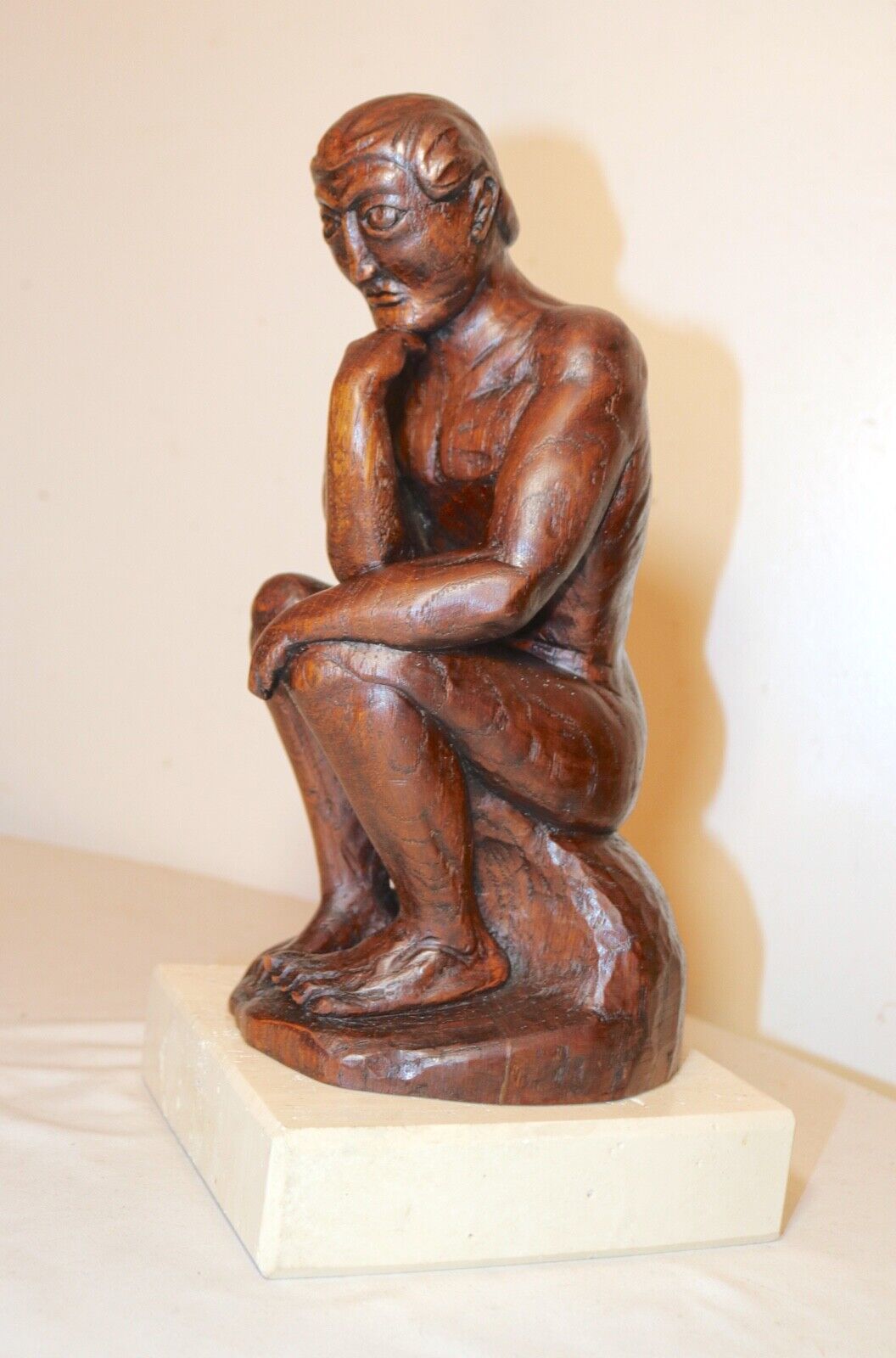 1800's Folk Art hand carved wood thinking man statue