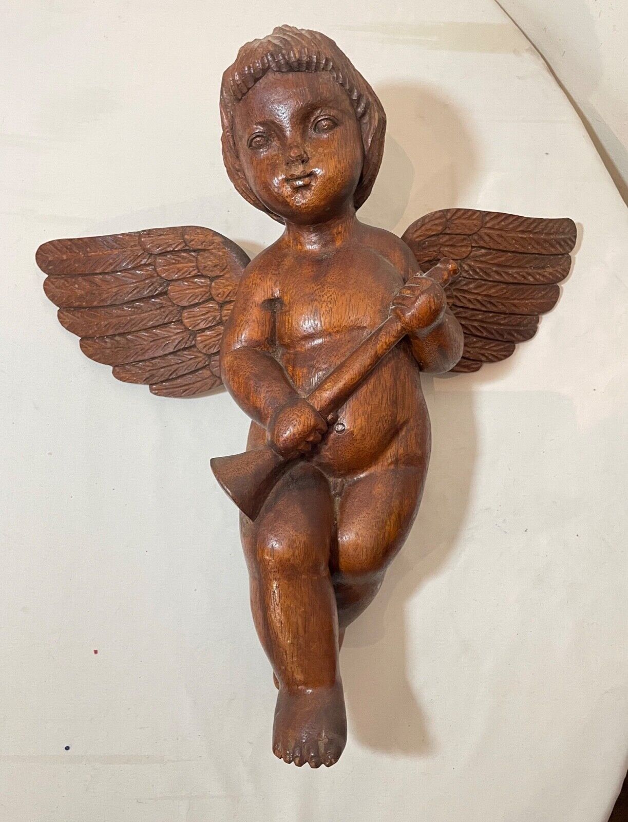 1800's hand carved wood religious cherub cupid statue