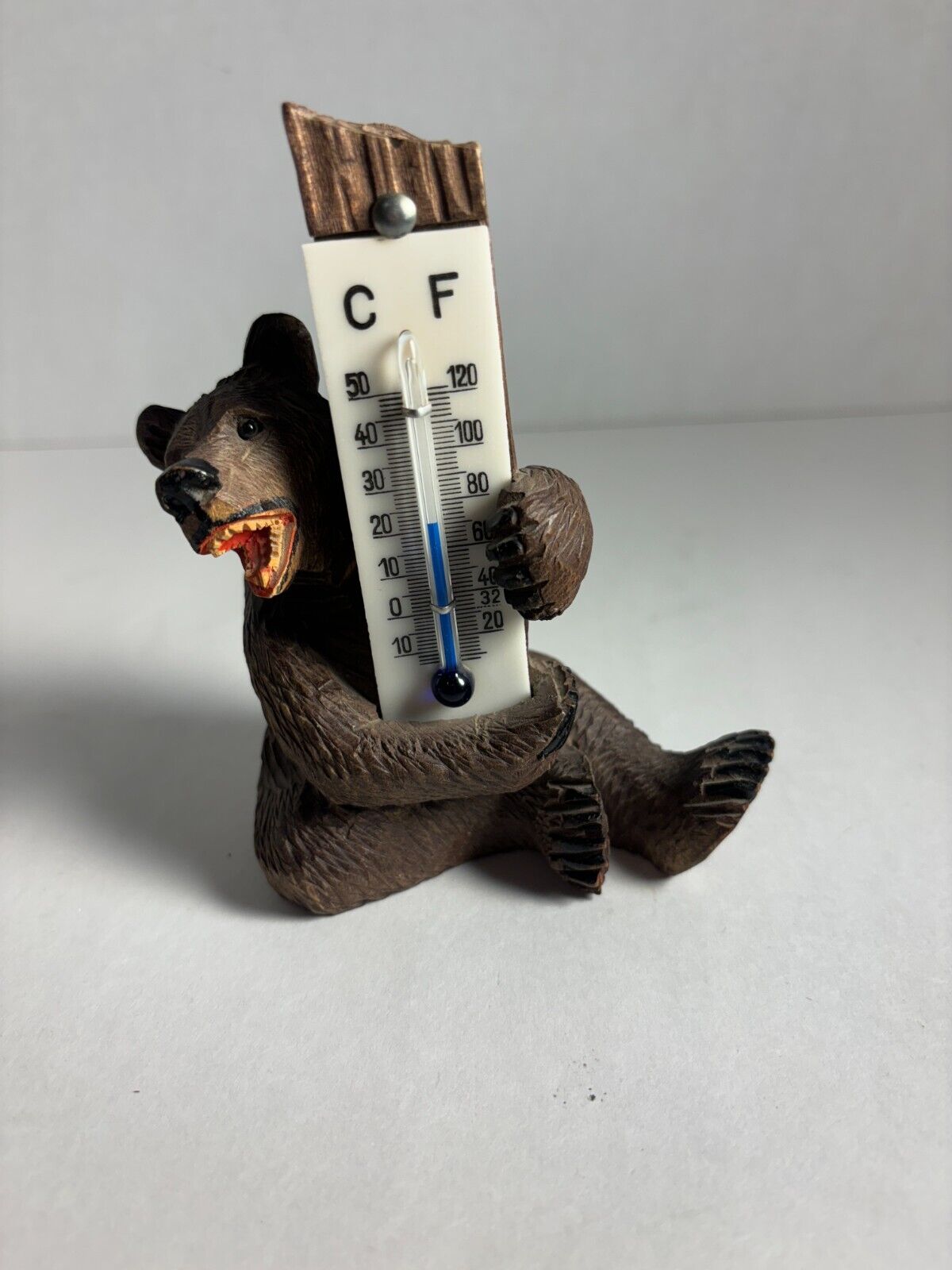 Swiss Black Forest Carved Bear Thermometer, Glass Eyes