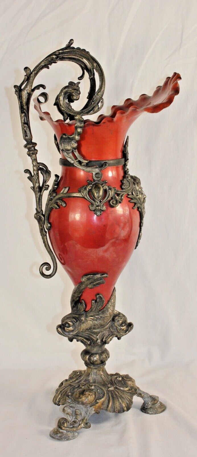 French Antique Red Ewer with Maritime Sculptures, 1900's