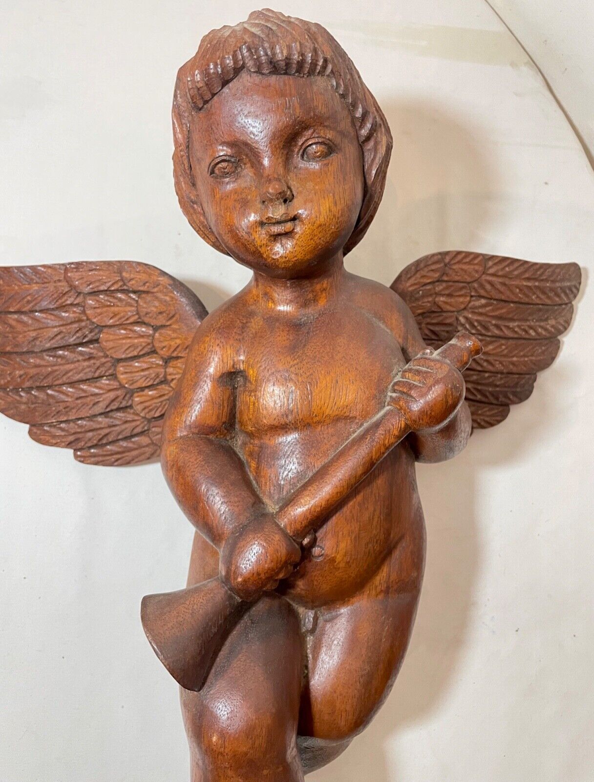 1800's hand carved wood religious cherub cupid statue