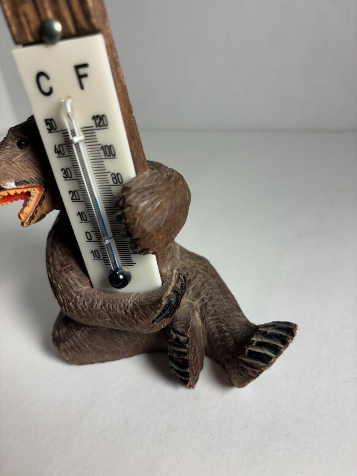Swiss Black Forest Carved Bear Thermometer, Glass Eyes