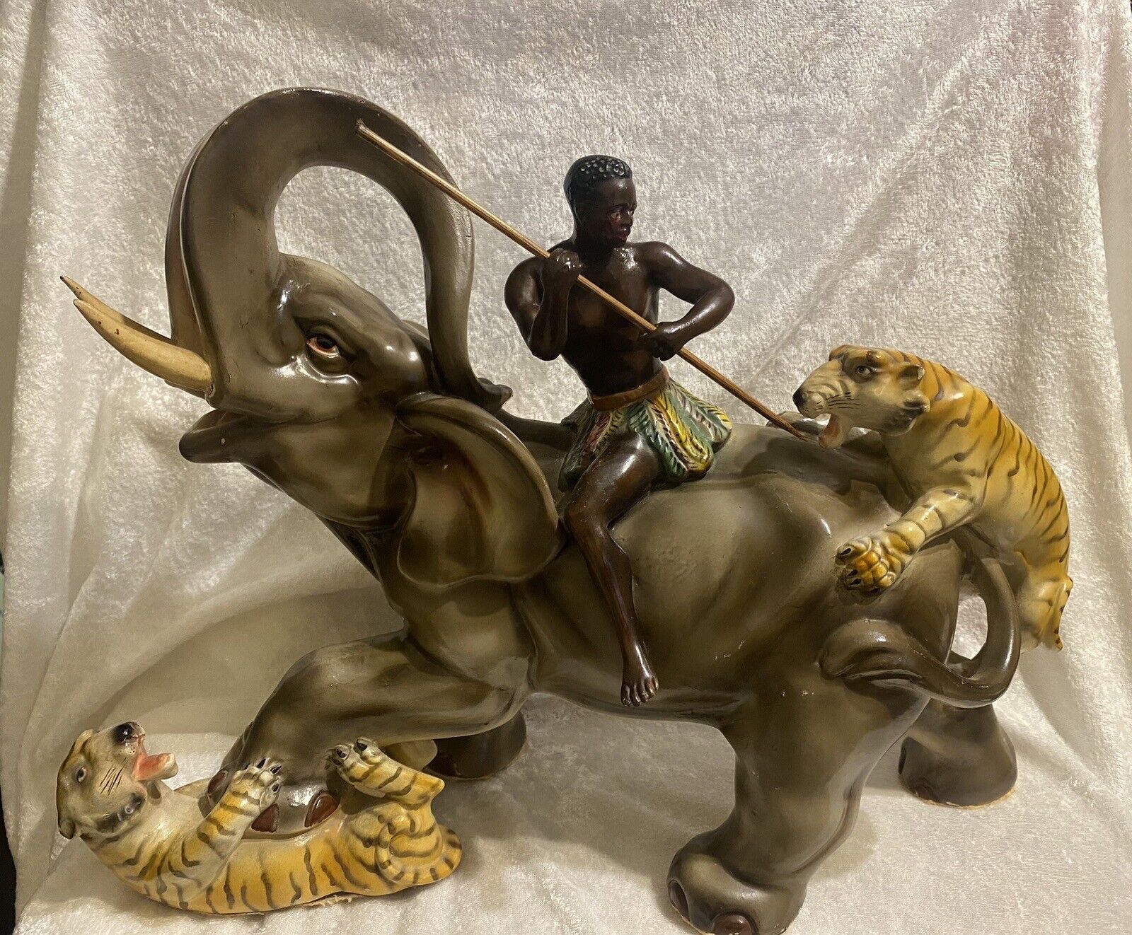 1900's Rare Signed Statue: Tribal Blackamoor on Elephant