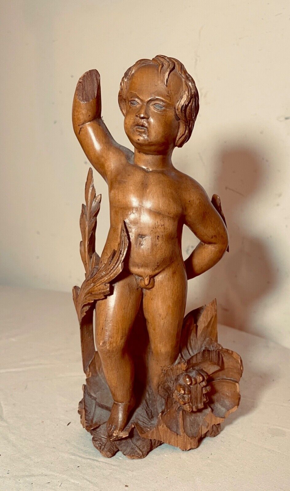 1800s Hand-Carved Apple Wood Cherub Putti Statue