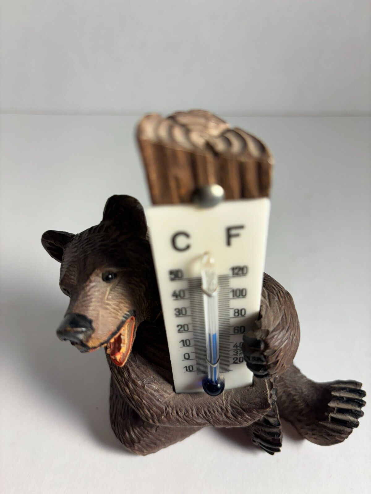 Swiss Black Forest Carved Bear Thermometer, Glass Eyes