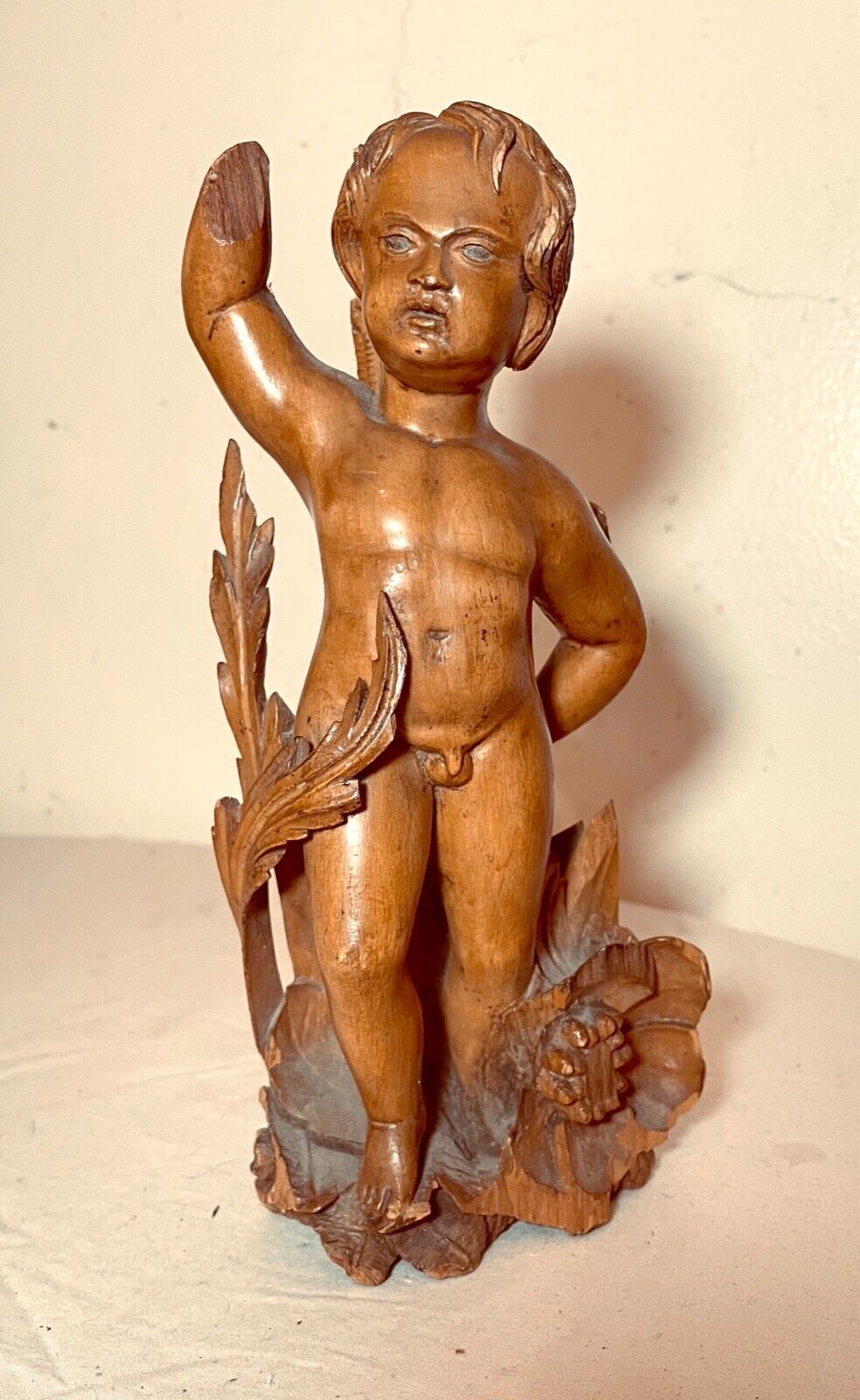 1800s Hand-Carved Apple Wood Cherub Putti Statue