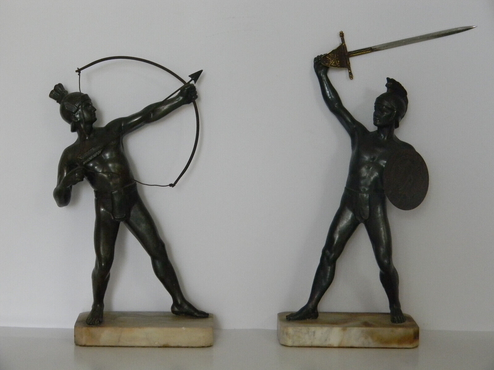 1800s Victorian Spelter Roman Warrior Figures on Marble Bases