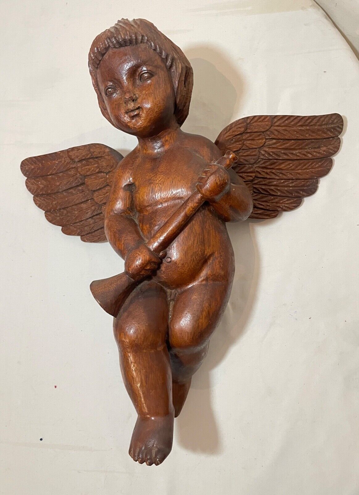 1800's hand carved wood religious cherub cupid statue