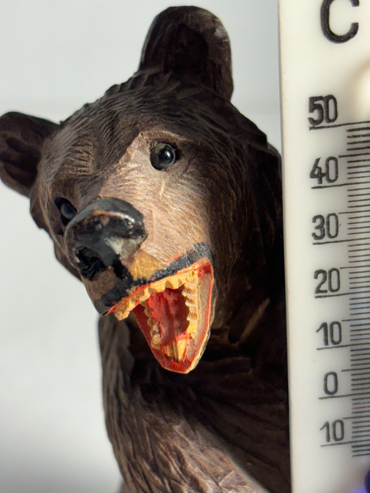 Swiss Black Forest Carved Bear Thermometer, Glass Eyes