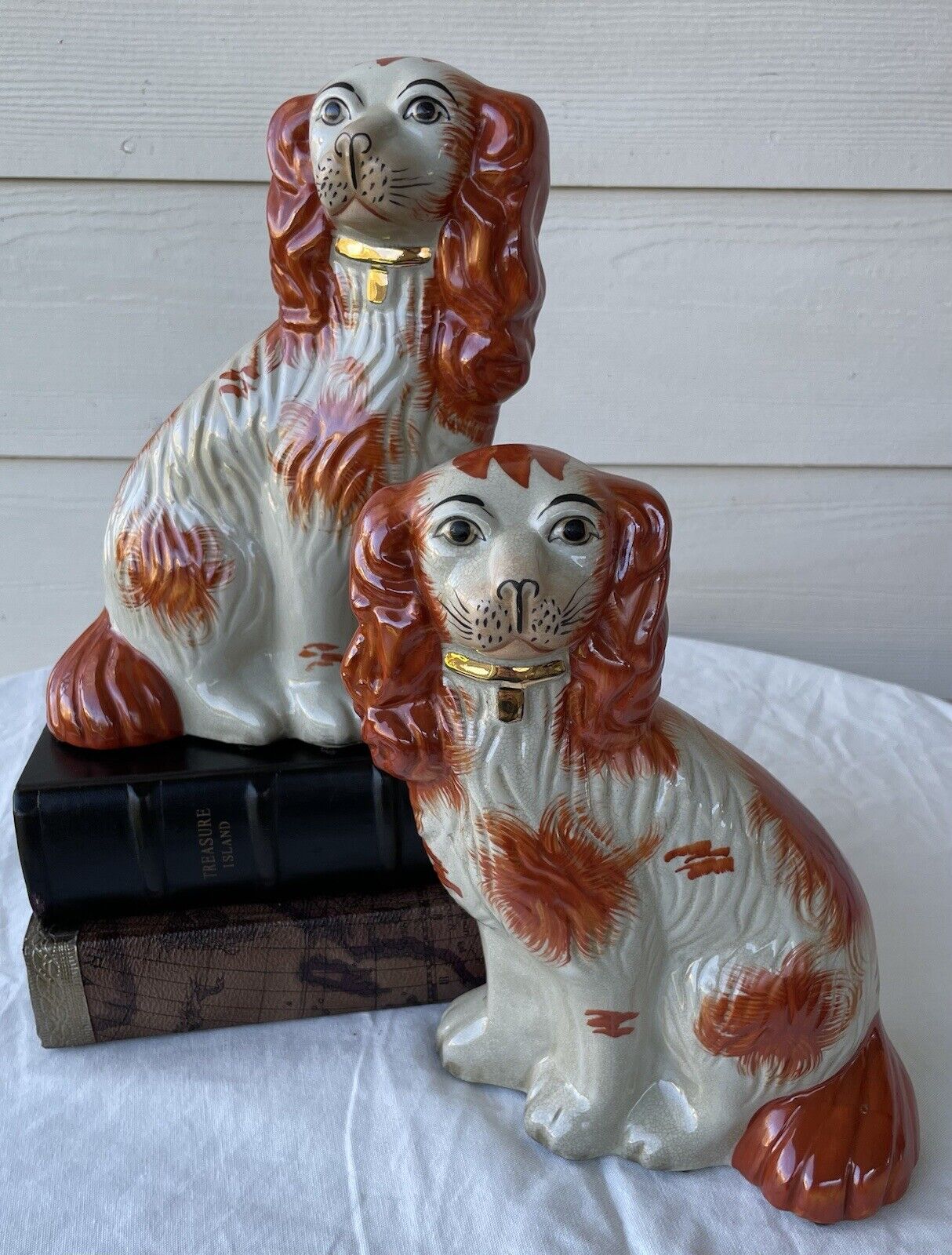Vintage Victorian Staffordshire Orange White Gold Mantle Dogs