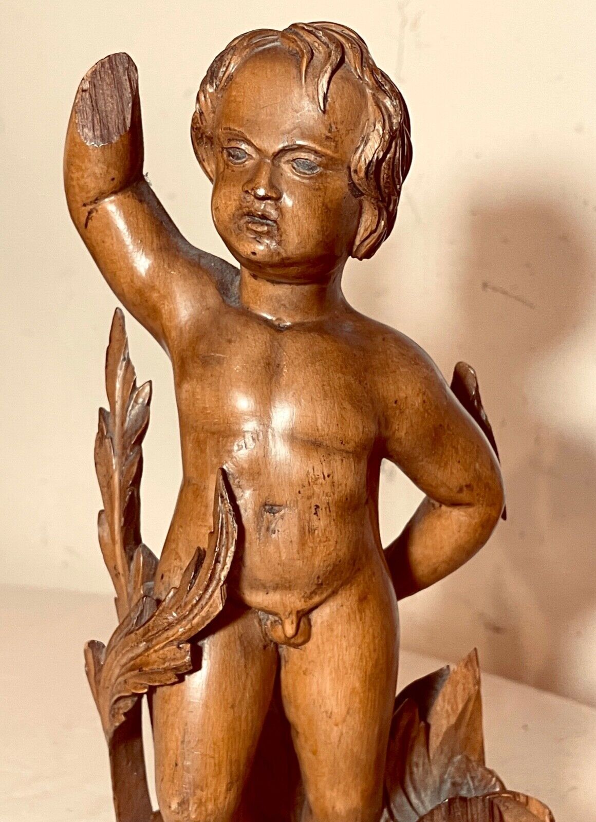 1800s Hand-Carved Apple Wood Cherub Putti Statue