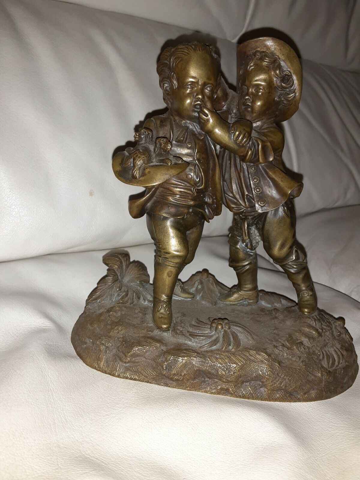 1800’s Bronze Sculpture of Boys Scuffling over Puppies