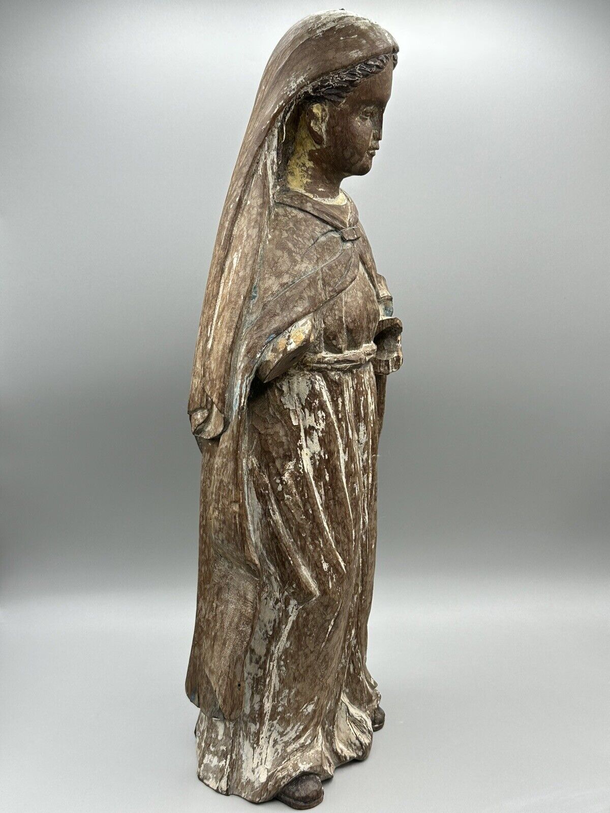 19thC Antique Hand Carved Wooden Madonna Sculpture 16in”