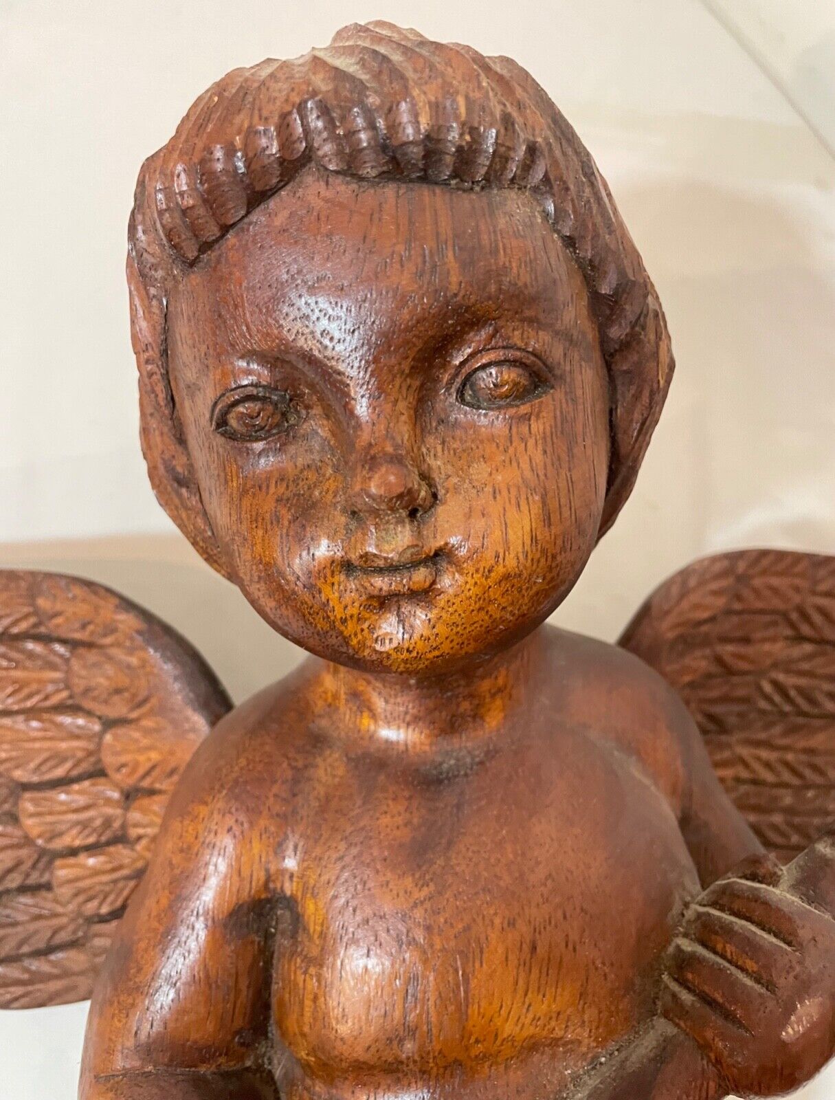 1800's hand carved wood religious cherub cupid statue