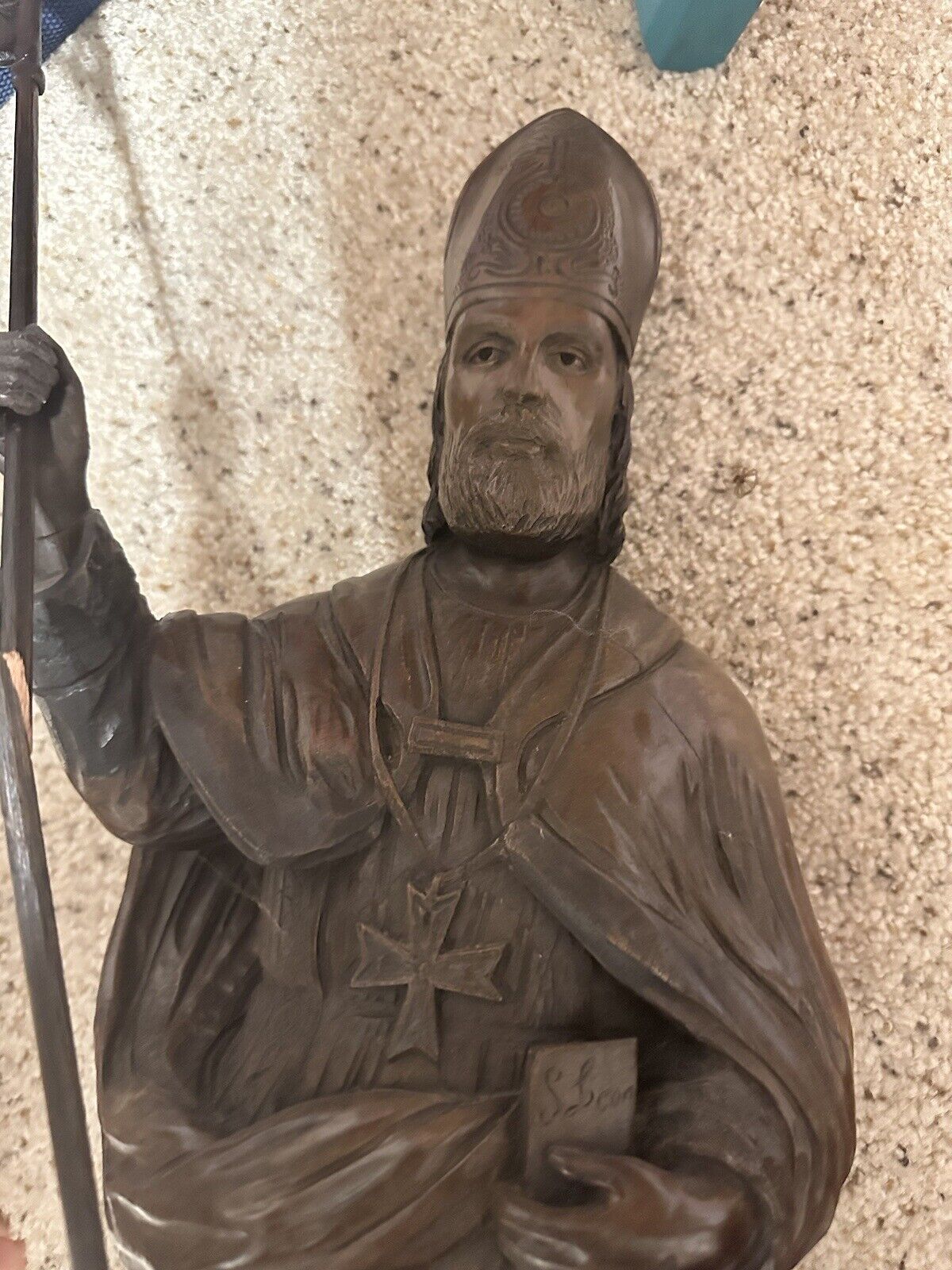 1800s Wood Carved Saint Pope Statue by H.A.D