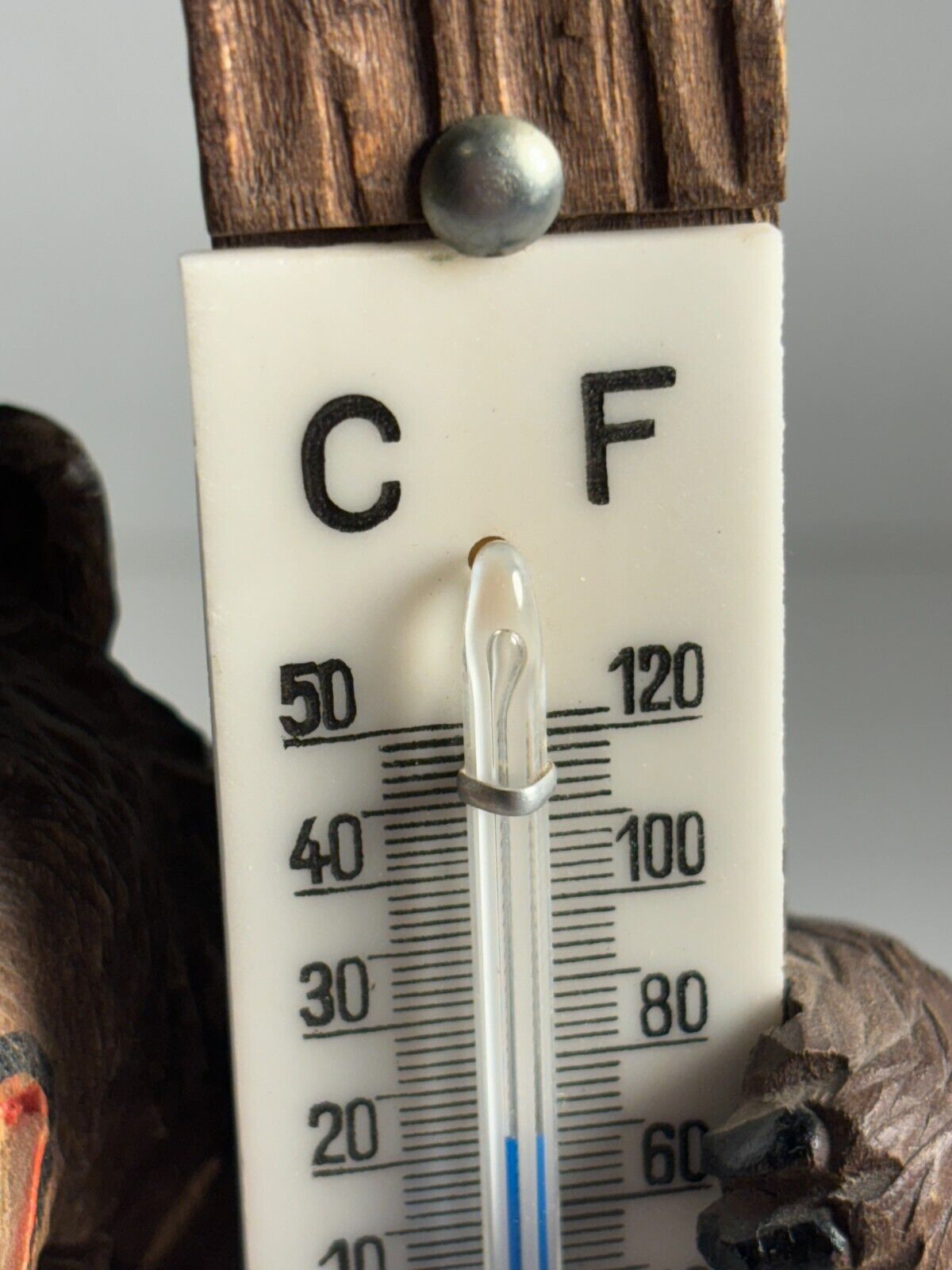 Swiss Black Forest Carved Bear Thermometer, Glass Eyes