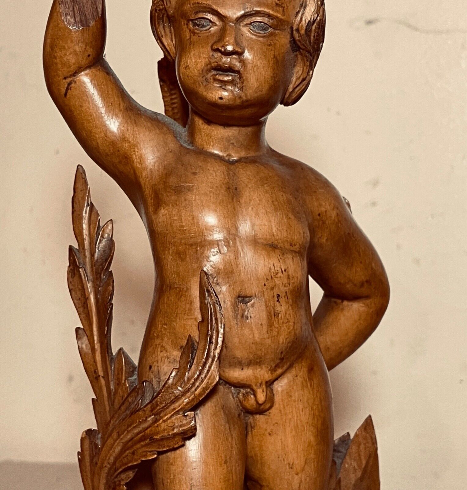 1800s Hand-Carved Apple Wood Cherub Putti Statue