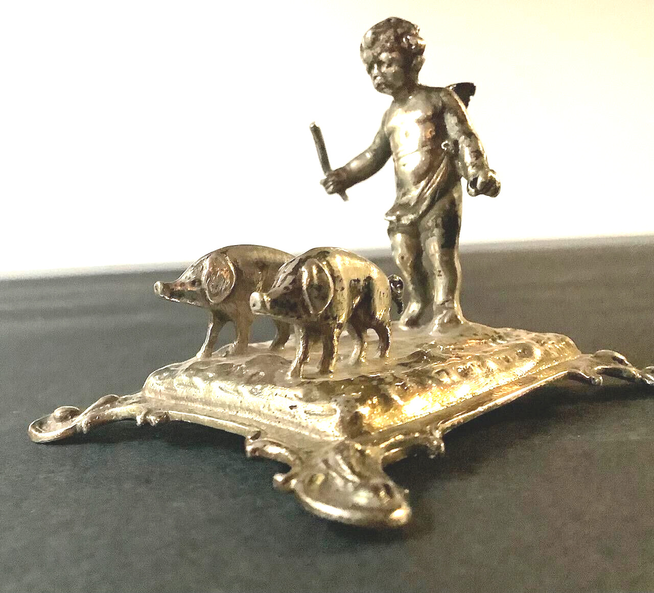 Antique Sterling Cupid Statue with Pigs, hallmarked