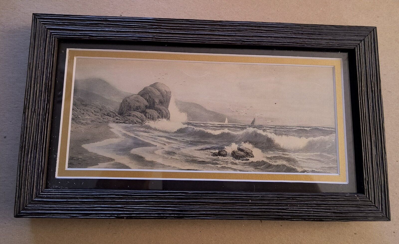 1900s Hand Painted Maritime Seaside Rocks Waves Art