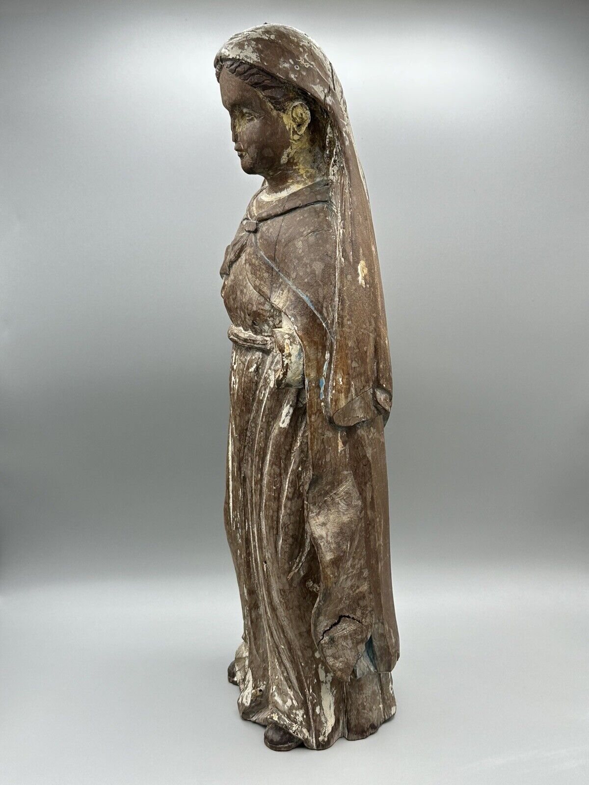 19thC Antique Hand Carved Wooden Madonna Sculpture 16in”