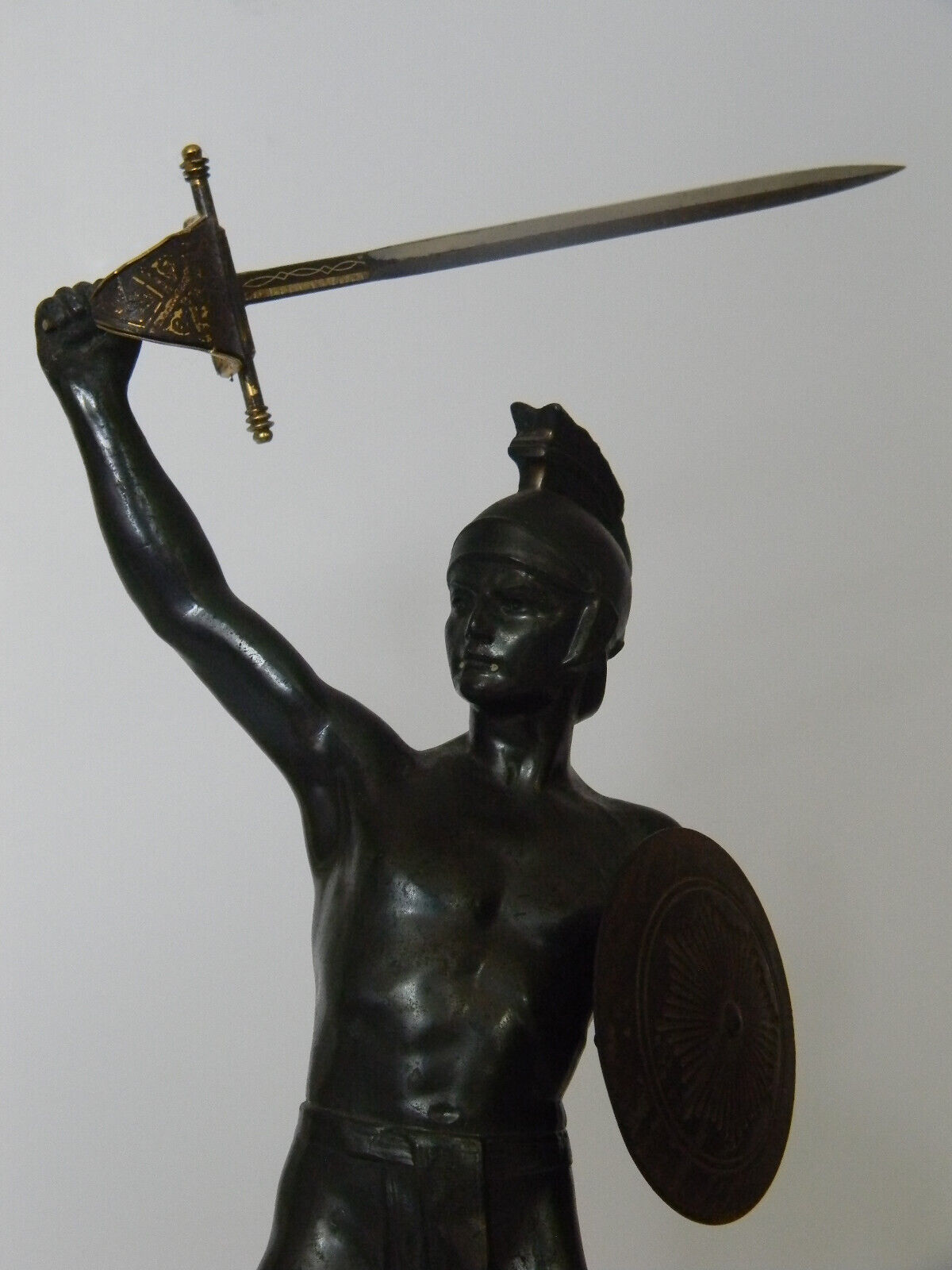 1800s Victorian Spelter Roman Warrior Figures on Marble Bases