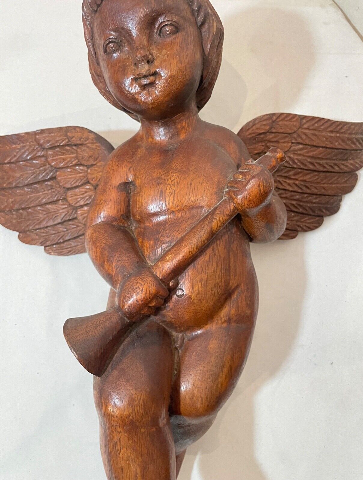 1800's hand carved wood religious cherub cupid statue
