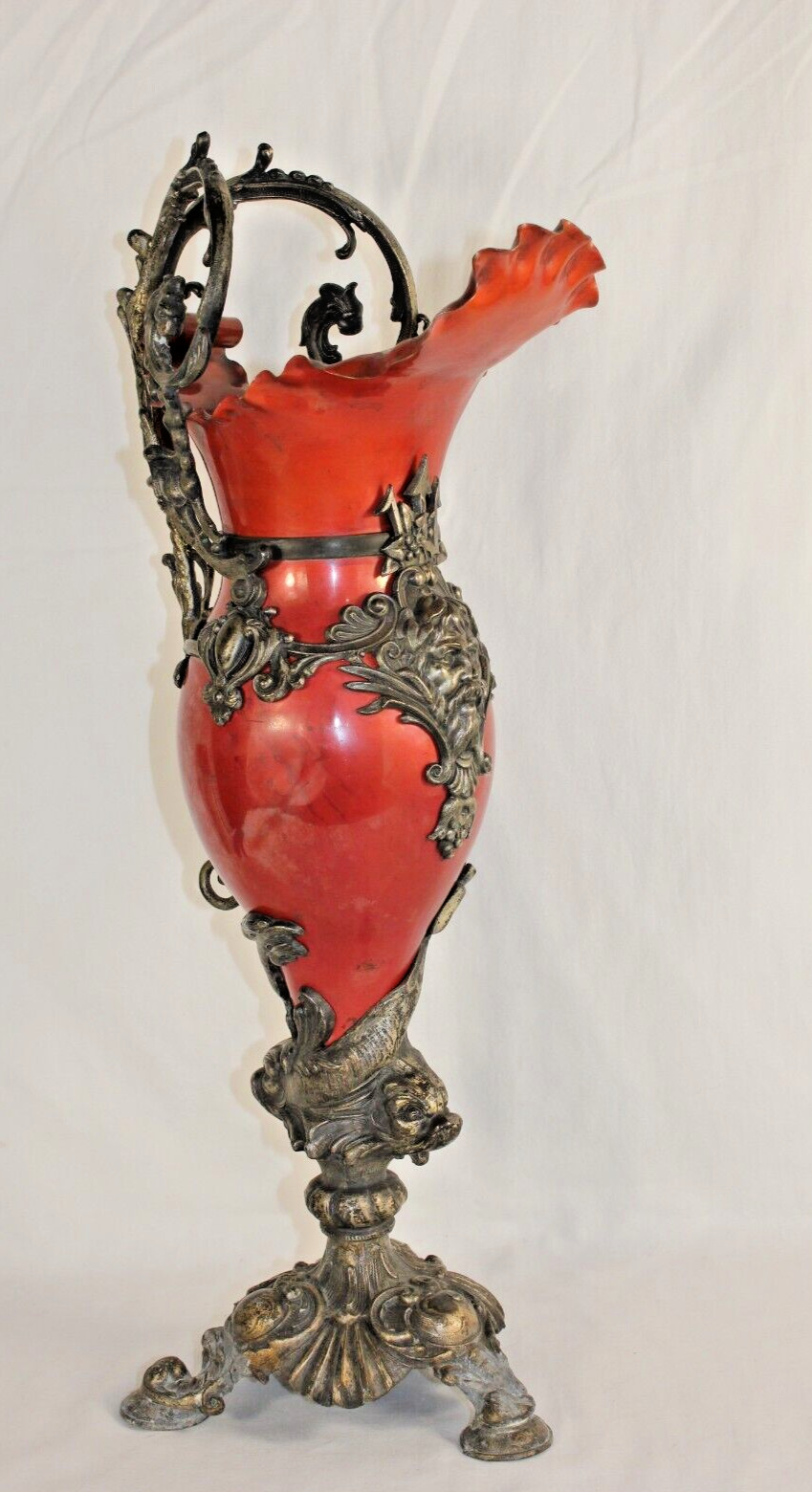 French Antique Red Ewer with Maritime Sculptures, 1900's