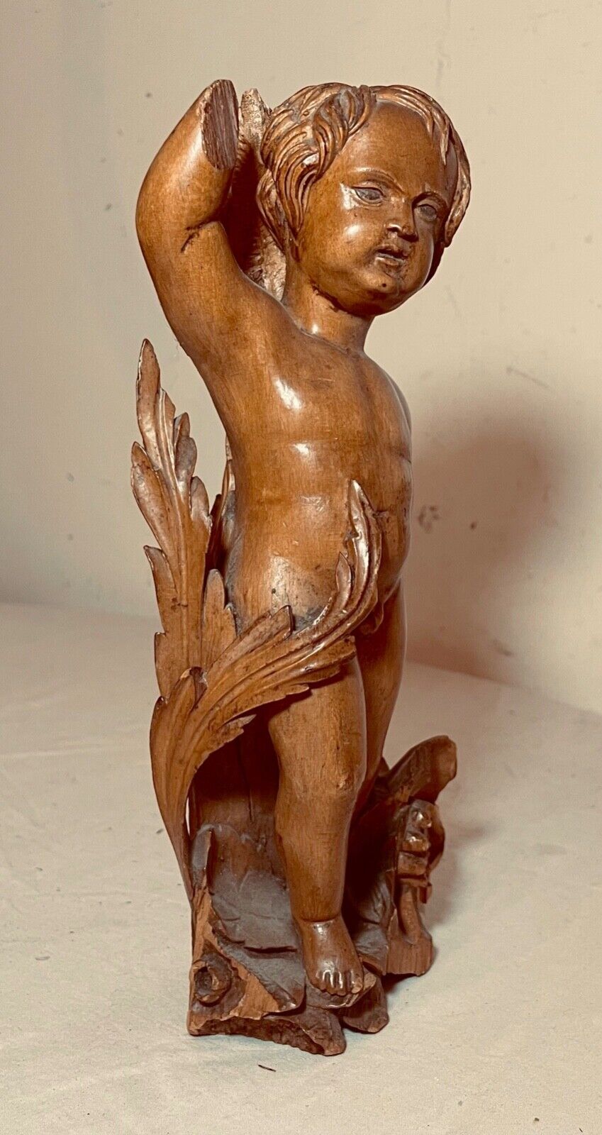 1800s Hand-Carved Apple Wood Cherub Putti Statue