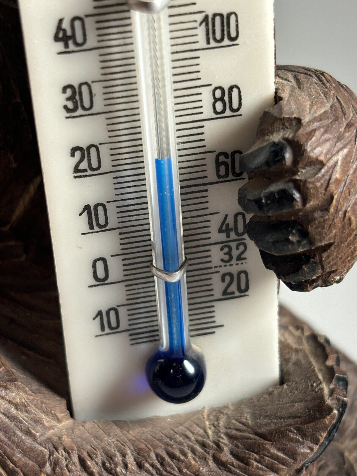 Swiss Black Forest Carved Bear Thermometer, Glass Eyes